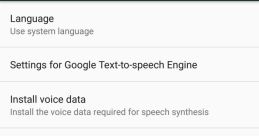 Google Text-to-Speech settings displaying language options and voice data installation for male voice synthesis.