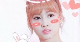 MOMO from TWICE in a soft aesthetic, holding a device, surrounded by cute illustrations and pastel colors.