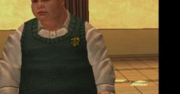 Ray Hughes from Bully stands in a corridor, wearing a green sweater and brown pants, showcasing his character style.