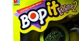 Bop It Extreme 2 game packaging featuring colorful design, electronic features, and instructions for fun music challenges.