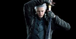 Vergil from Devil May Cry 5 poses dramatically with his katana, showcasing his iconic battle-ready look and stylish attire.