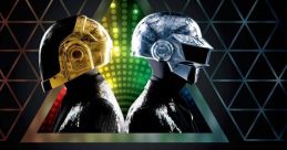 Daft Punk logo and iconic helmets against a colorful backdrop, celebrating the electronic duo's unique style and legacy.