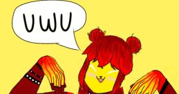 Colorful character with red and yellow outfit, striking a playful pose with "uwu" speech bubble, showcasing vibrant art style.