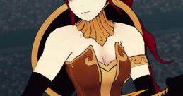 Pyrrha Nikos from RWBY in battle-ready pose, showcasing her iconic armor and determined expression.