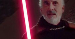 Count Dooku ignites his red lightsaber, exuding power and menace in a dramatic lightsaber duel scene.