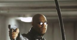 Morpheus, portrayed by Laurence Fishburne, aiming a gun with a stick in a dimly lit setting, embodying strength and resolve.