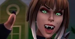 Vampire character with fangs and green eyes, styled in a modern fantasy outfit, embodies excitement and intrigue in a dark setting.