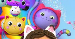 Gabby's Dollhouse characters celebrate playtime with Gabby, colorful cats, and fun toys in a vibrant backdrop.