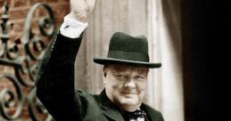 Winston Churchill showing a peace sign, dressed in a green suit and hat, outside a building, symbolizing hope and resilience.