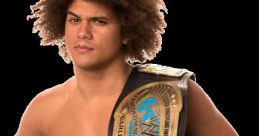 Carlito, a champion wrestler, poses confidently holding his championship belt, showcasing his unique style and charisma.