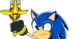 Sonic the Hedgehog, excited and aggressive, wields a sword, ready for battle with Amy in the background.