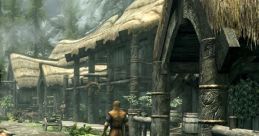 Scenic village in The Elder Scrolls V: Skyrim with thatched roofs, NPCs, and wildlife amid lush greenery and rocky mountains.