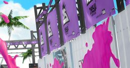 Colorful Splatoon-themed scene featuring vibrant pink and green ink splashes on a wall with tropical palm trees in the background.