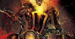 Ghost Rider in fiery transformation, wielding weapons and riding a motorcycle, embodying supernatural vengeance and power.