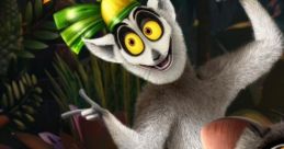 King Julien poses playfully with friends, showcasing his vibrant personality and iconic crown in a colorful jungle scene.