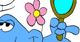 Vanity Smurf holding a mirror, showcasing its playful personality with a pink flower accent and a confident expression.