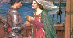 Tristan and Isolde share a moment on a ship, captivating in medieval attire, symbolizing love and adventure.