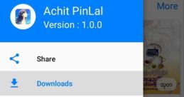 Achit PinLal app interface showcasing version details and navigation options like Share, Downloads, and Website visit.