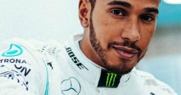 Lewis Hamilton poses confidently in his Mercedes racing suit, showcasing sponsors while holding his helmet.