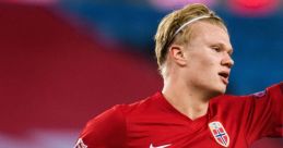 Erling Haaland celebrating a goal in Norway's red jersey, showcasing his passion and skill on the football field.