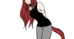 Anime character Cassidie with red hair and cat ears, wearing a black top and gray pants, posing playfully against a white background.