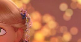 Rapunzel with flower-adorned hair gazes dreamily, surrounded by enchanting, glowing bokeh lights in a magical setting.