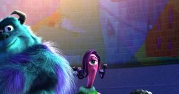 Colorful scene featuring iconic characters from Monsters, Inc., including Mike Wazowski and Sulley, with playful expressions.