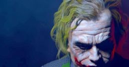 Heath Ledger's Joker with striking green suit, iconic makeup, and intense expression, embodying chaos and darkness.