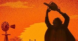 Iconic scene from "The Texas Chain Saw Massacre" featuring a menacing figure wielding a chainsaw against a sunset backdrop.