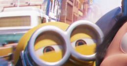 Excited Minion from "Minions: The Rise Of Gru" smiles cheerfully in a bustling urban scene, embodying playful mischief.