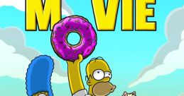 Homer Simpson triumphantly holds a donut, surrounded by his family, showcasing "The Simpsons Movie" adventure and humor.