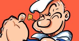 Popeye flexing muscles with a pipe, showcasing his iconic sailor look against a bold orange background.