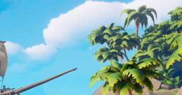 Tropical beach in Sea of Thieves with barrels, rocks, palm trees, and a distant ship on the ocean, perfect for treasure hunting.