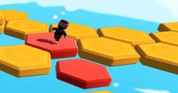 Colorful Stumble Guys characters traverse hexagonal platforms; vibrant game scene encourages players to join the fun.