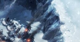 Snowy Frostpunk landscape featuring industrial structures amidst icy cliffs, reflecting the game's harsh survival themes.