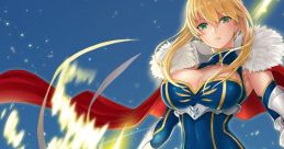 Saber from Fate - Grand Order wielding her sword, surrounded by magical light, showcasing her heroic stance and fierce determination.