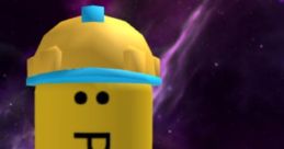 Cartoon character resembling a noob in Roblox, wearing a yellow hard hat and blue shirt, against a cosmic background.