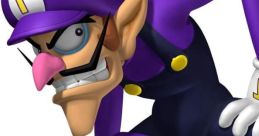 Waluigi in a mischievous pose, showcasing his purple outfit and iconic orange shoes, ready for action.