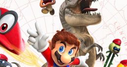 Mario leads an adventure in Super Mario Odyssey, surrounded by iconic characters and powerful creatures.