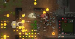 RimWorld colony under attack, featuring fire, characters in action, and destroyed structures amid chaos and strategy elements.