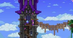 Stunning Terraria tower build featuring purple accents, surrounded by clouds and lush greenery on a floating island.