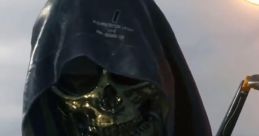 Mysterious character from Death Stranding, featuring a golden skull mask and a dark hooded cloak.