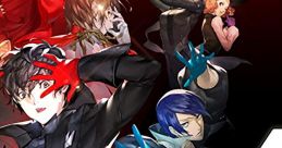 Persona 5 Royal characters striking dynamic poses with vibrant designs and a dramatic background, showcasing their unique styles.