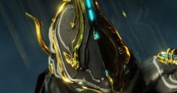 Stylized Warframe character showcasing intricate gold and blue armor details, emphasizing the game's unique aesthetics.