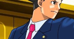 Phoenix Wright in a courtroom, confidently gesturing while defending a client in Ace Attorney. Intense legal battle moment.