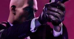 Agent 47, the iconic assassin from Hitman 2, aims his pistol with intense focus against a vibrant pink backdrop.