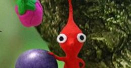 Red Pikmin interacting with a purple fruit on a tree branch in Pikmin 2's vibrant forest setting.