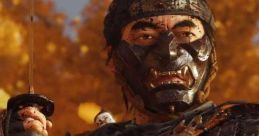 Samurai warrior in Ghost of Tsushima, wielding a katana, showcasing detailed armor and an intense expression amid autumn leaves.