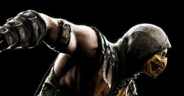 Scorpion from Mortal Kombat poses dynamically, showcasing his iconic yellow and black attire and combat-ready stance.