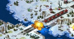 Strategic gameplay scene from Command and Conquer: Red Alert with snowy terrain, military units, and explosive action.